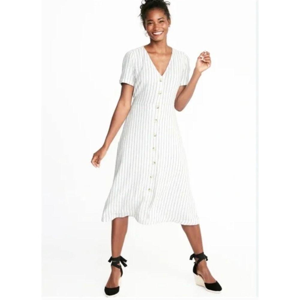 Old Navy White Striped Button-Front Midi Dress